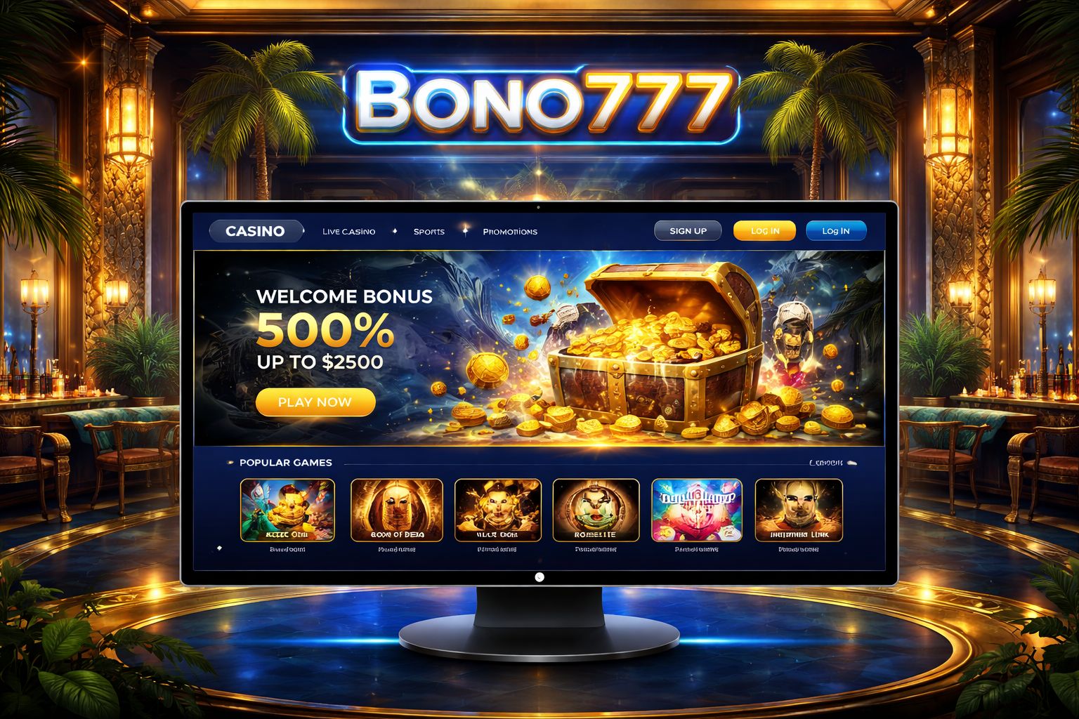 Pantalla del lobby de Bono777 casino con tragamonedas y mesas en vivo para jugadores en México