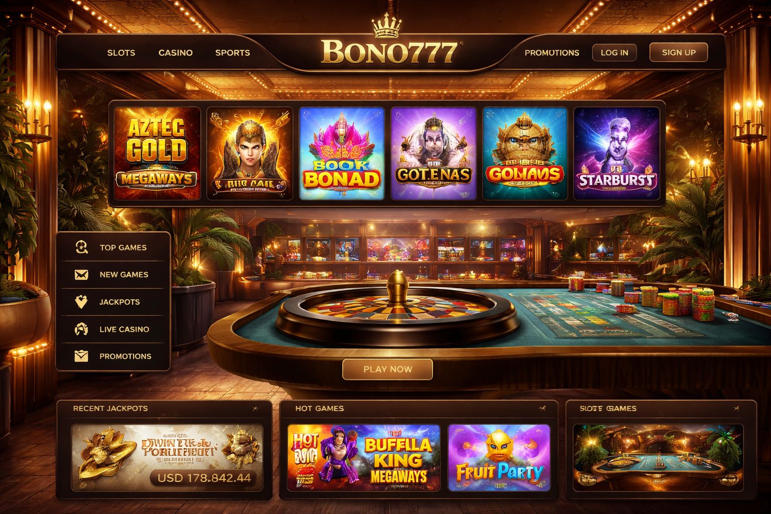 Vista de la plataforma de casino en línea Bono777 con juegos destacados y navegación limpia