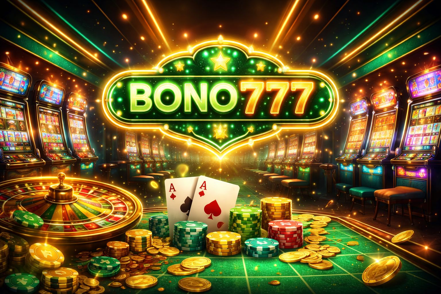 Brillante vestíbulo de juegos Bono777 con máquinas tragamonedas brillantes, cartas, fichas y un letrero de neón Bono777 visible.