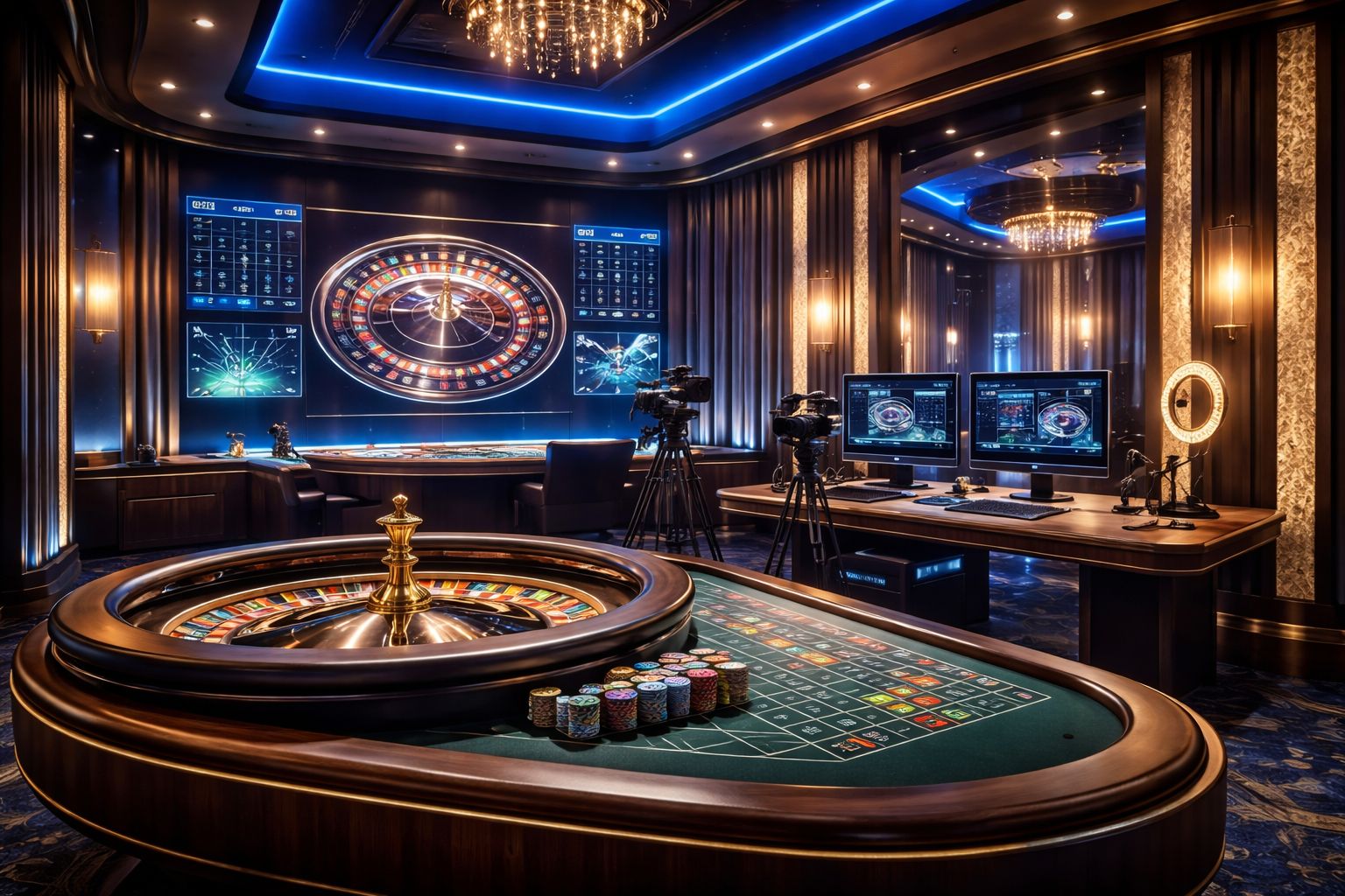 Estudio moderno de casino en vivo con mesa de ruleta, pantallas de transmisión y un jugador usando un dispositivo móvil.