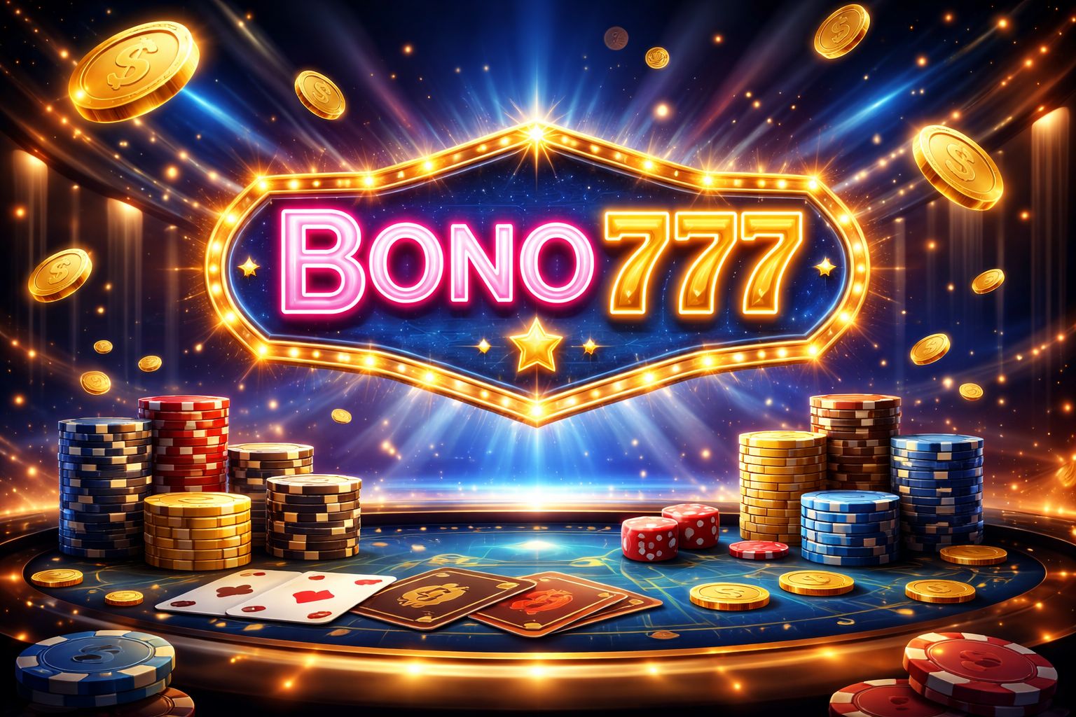 Escena de bienvenida dinámica con temática de casino para Bono777 con luces brillantes, monedas, fichas y una atmósfera premium de juegos.