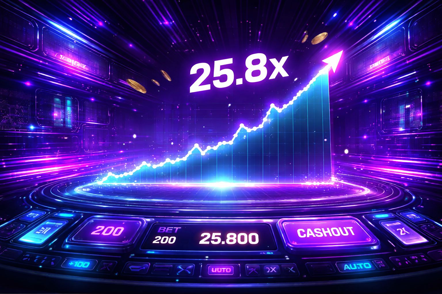 Pantalla de juego rápido estilo crash con visuales de multiplicadores ascendentes en la interfaz de Bono777.