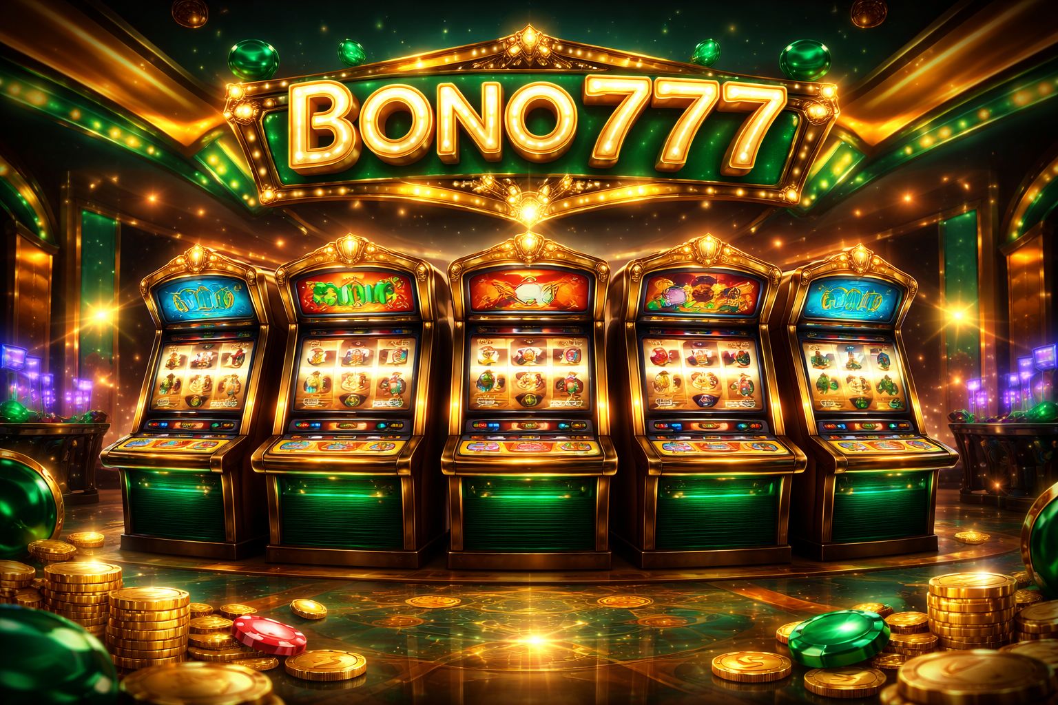 Vestíbulo de tragamonedas Bono777 con carretes brillantes e íconos de bonificación